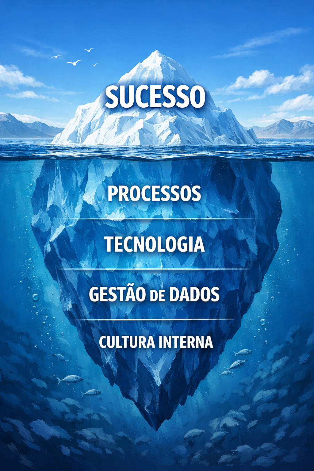 Iceberg do sucesso empresarial ilustrando a solidez financeira mediante processos, tecnologia e cultura interna sob a superfície.