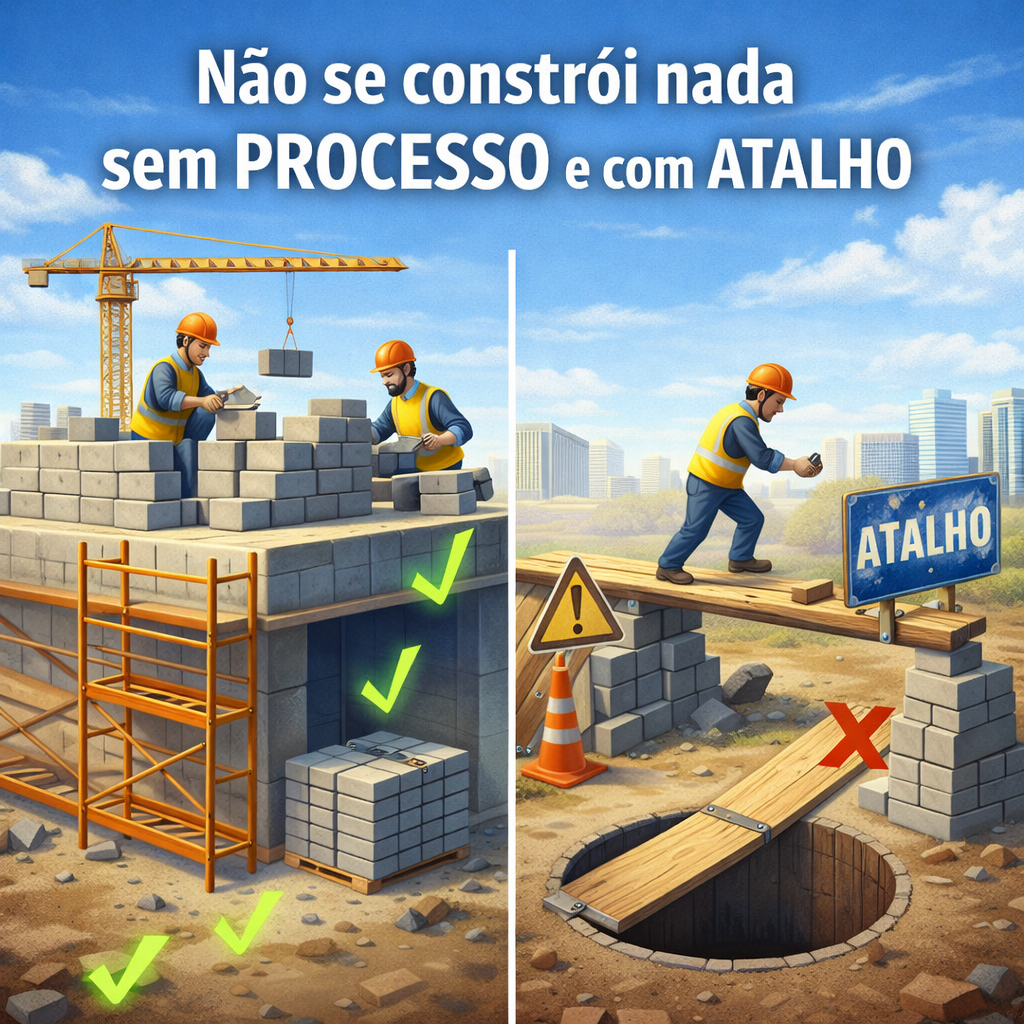 Ilustração comparativa mostrando o processo como base de crescimento em uma obra sólida em comparação aos perigos de utilizar atalhos na construção de um negócio.