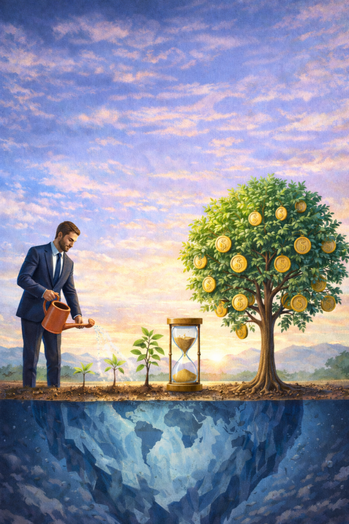 Líder resiliente rega plantas em diferentes estágios de crescimento, simbolizando o tempo de maturação necessário para um negócio global sólido.