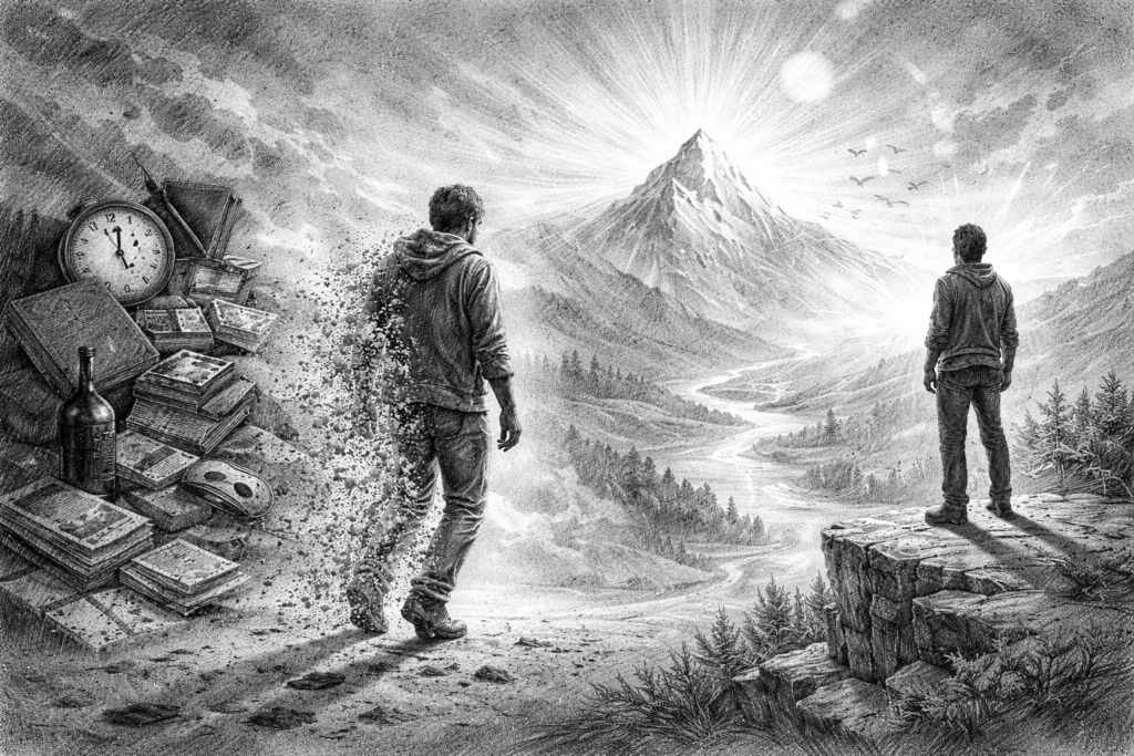 Ilustração em grafite mostrando a jornada de um líder que deixa para trás o conforto e o tempo em favor do compromisso e renúncia para atingir o topo da visão.