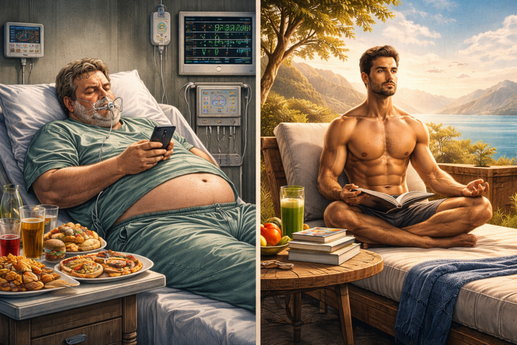 Comparativo visual sobre a importância de sustentar dinheiro: à esquerda, a decadência por gastos imediatos; à direita, a prosperidade e saúde de quem sabe construir riqueza real.