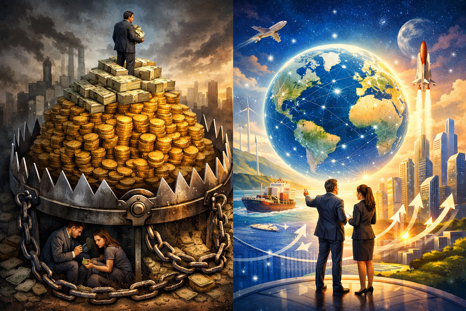 Comparativo entre a armadilha do lucro pelo lucro com dinheiro acumulado e a construção de um negócio global baseado em visão e estratégia.