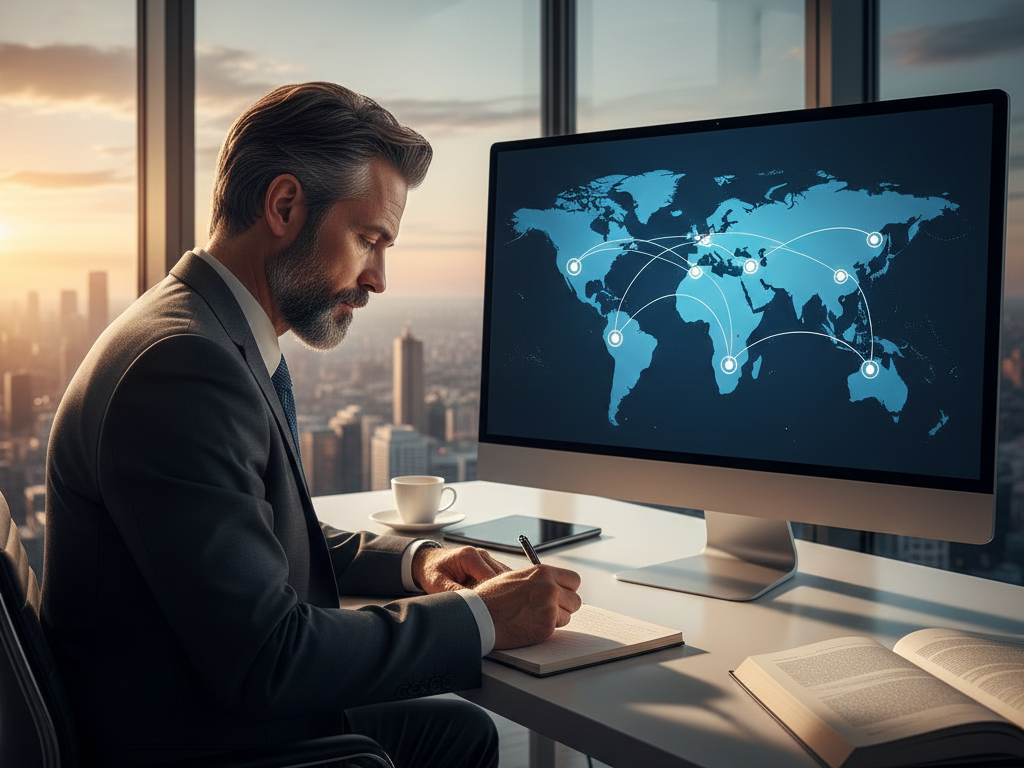Líder demonstra consciência financeira ao planejar metas globais em seu escritório, com mapa mundi interconectado ao fundo.
