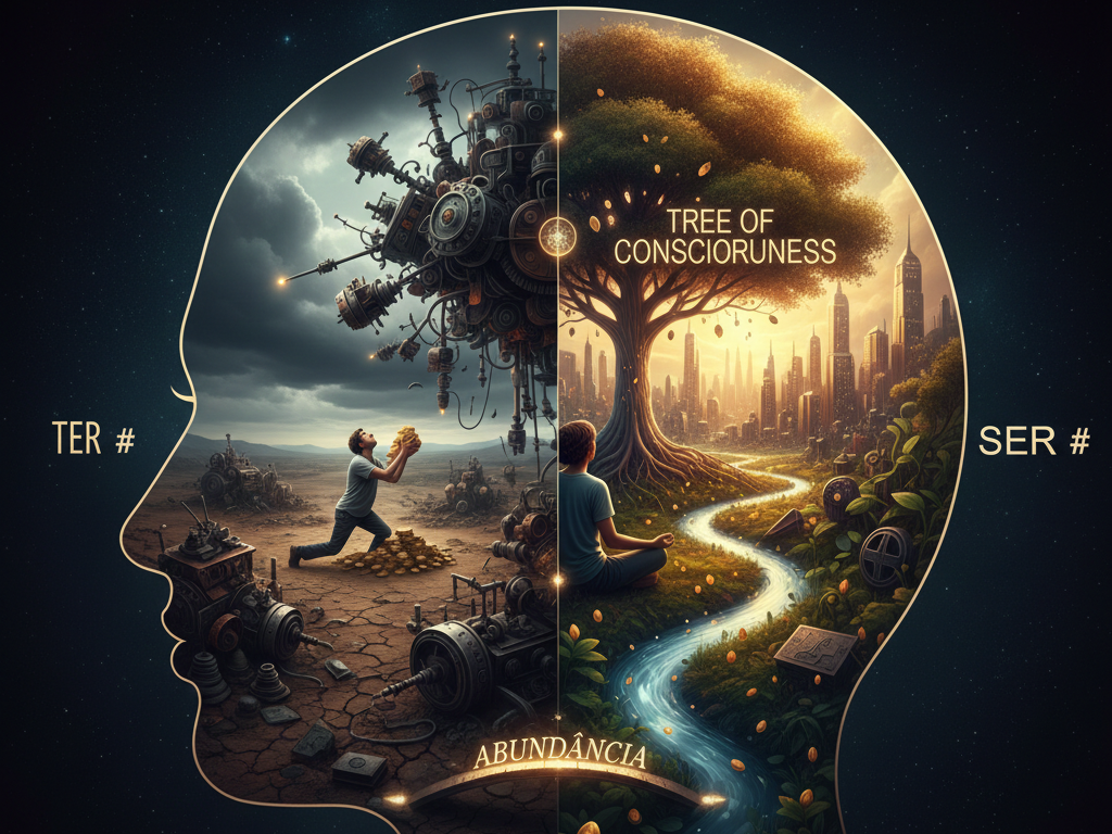 Ilustração sobre mentalidade financeira e prosperidade mostrando que o ser precede o ter.