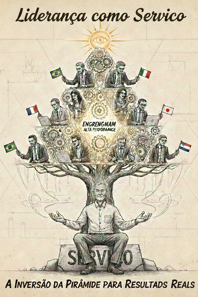 Infográfico sobre Liderança como Serviço ilustrando a inversão da pirâmide organizacional para resultados reais.