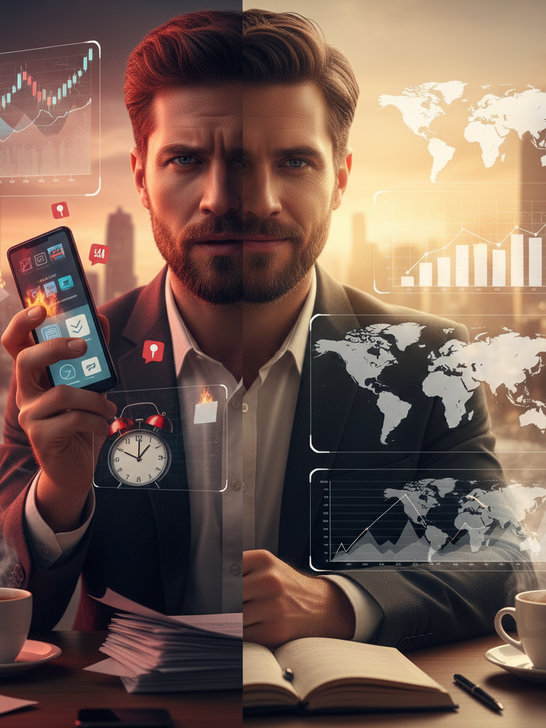 Contraste entre o estresse causado pelo imediatismo e a clareza da visão estratégica, focando na preservação da saúde mental do líder.