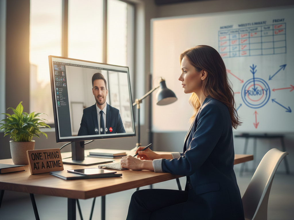 Líder em reunião de vídeo demonstrando como o foco elimina dispersão com planejamento semanal e foco em prioridade única ao fundo.