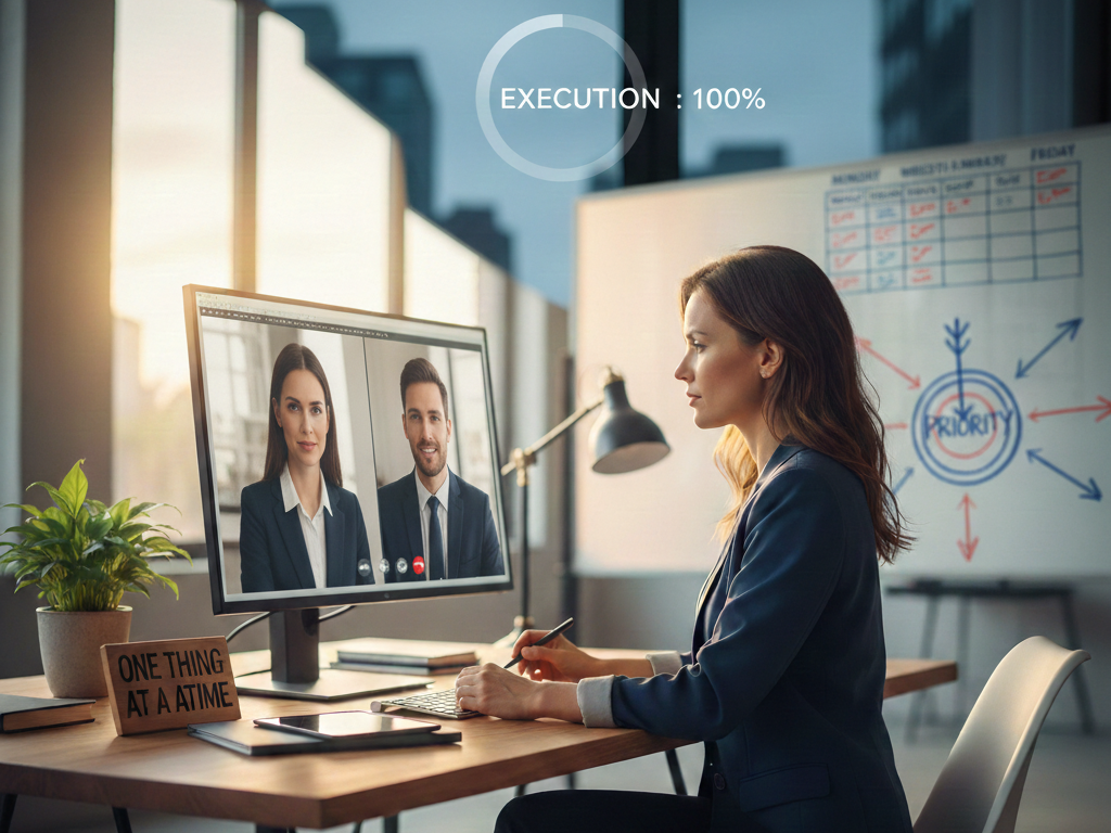 Líder em videoconferência demonstrando foco como compromisso silencioso com indicadores de execução 100% e metas de prioridade ao fundo.