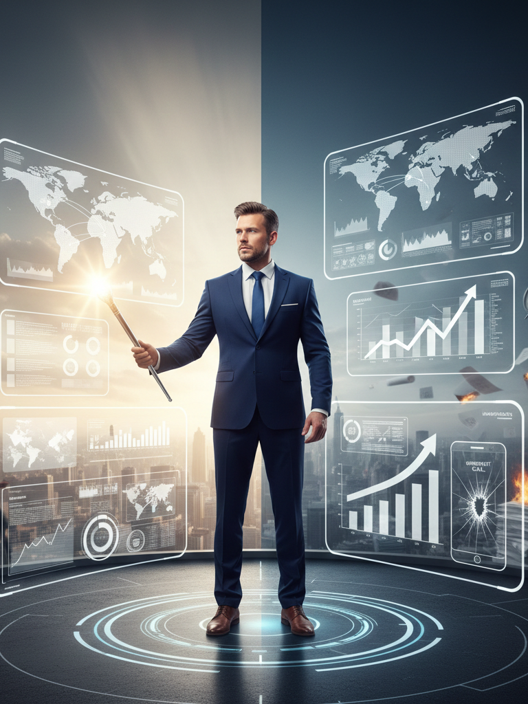 Líder global utilizando uma direção estratégica clara para organizar metas e recuperar o controle da agenda contra urgências falsas.