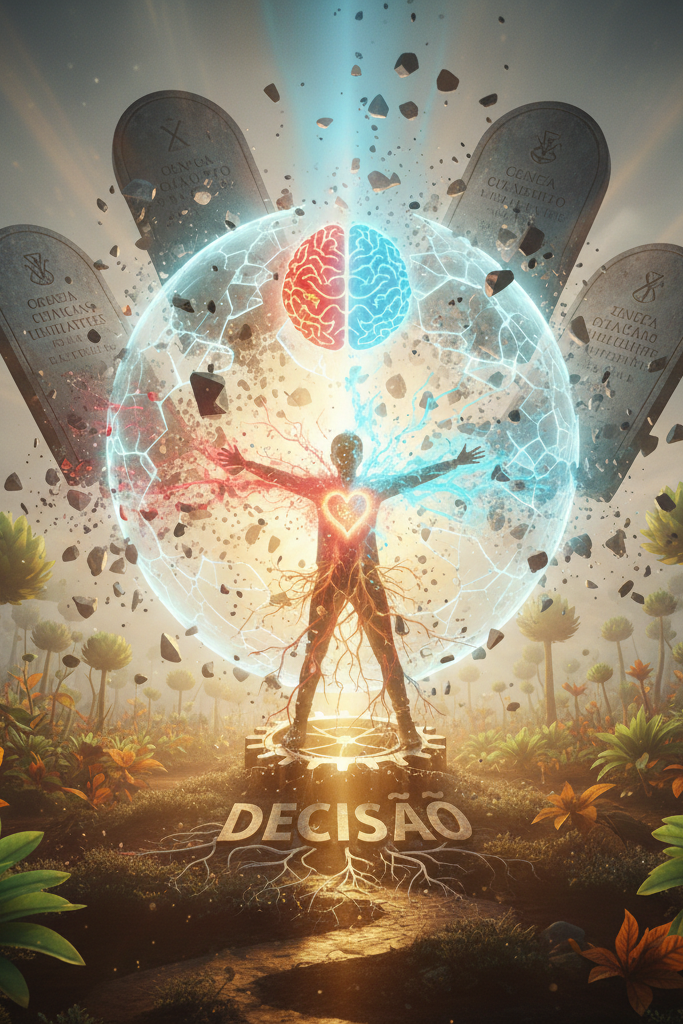 Uma pessoa rompendo barreiras mentais mediante uma decisão verdadeira.