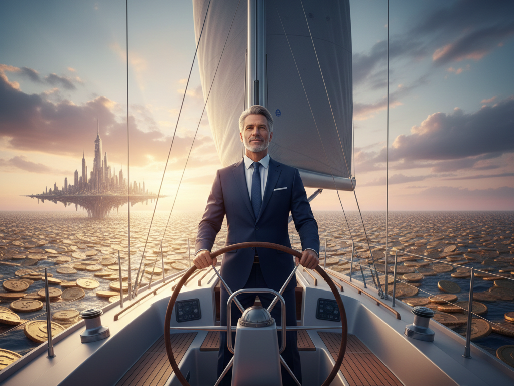 Líder visionário ao leme de um barco em um mar de moedas, simbolizando a maturidade necessária para sustentar a liberdade financeira.