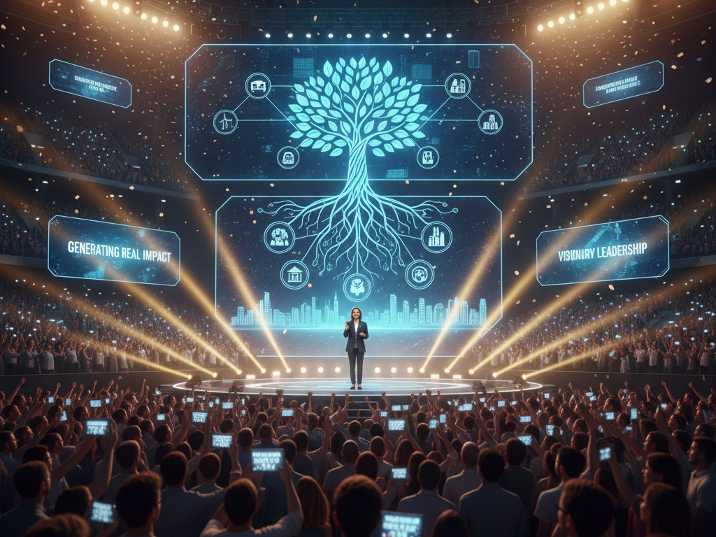 Líder visionário em um palco iluminado demonstrando como usar o dinheiro como ferramenta para gerar impacto real na vida de milhares de pessoas.