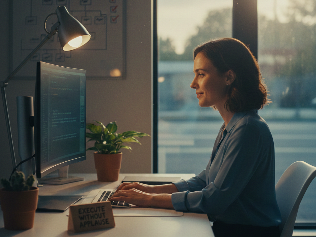 Líder focada trabalhando com constância e disciplina para executar sem reconhecimento externo em seu escritório.