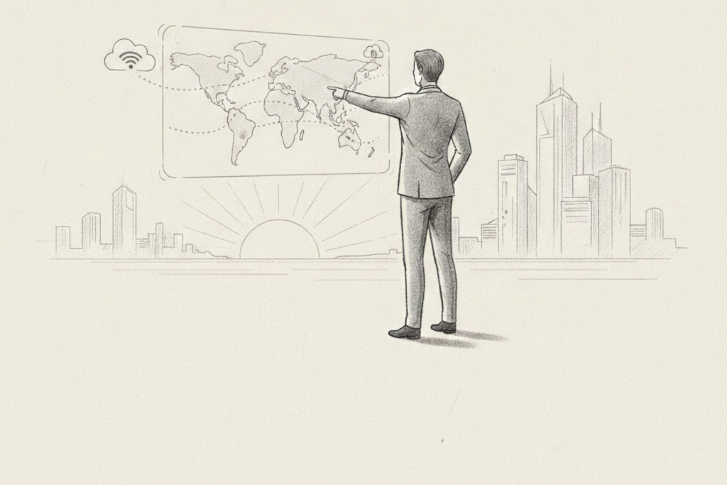 Empreendedor com visão de longo prazo planejando um negócio global online.