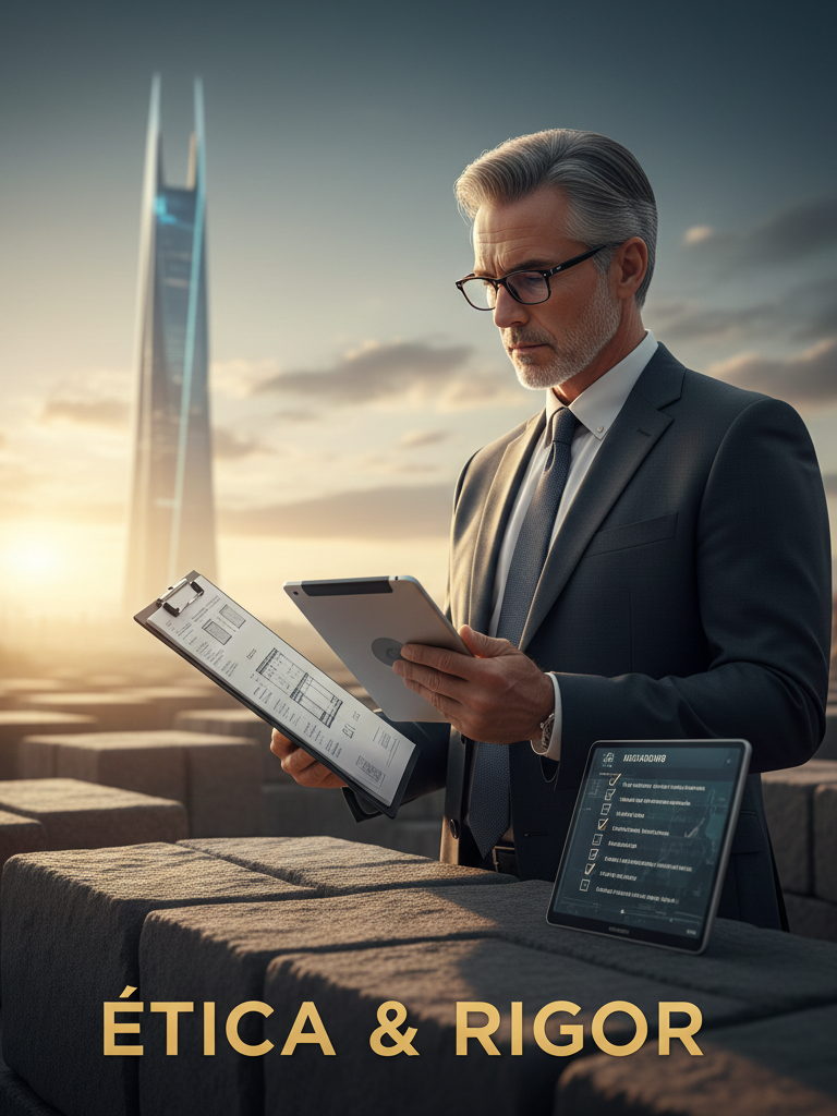 Líder visionário revisando padrões de ética e rigor em um canteiro de obras, simbolizando o dever de construir sem atalhos para o sucesso global.