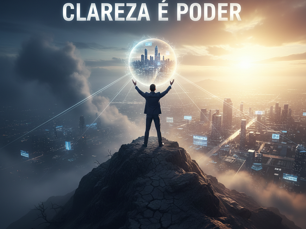 Líder visionário no topo de uma montanha alcançando a clareza como responsabilidade pessoal para dominar o mercado global.