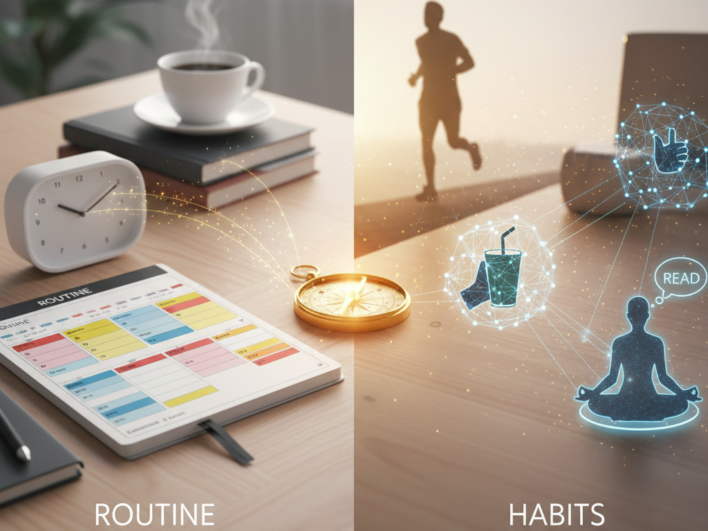 Infográfico comparativo mostrando como a rotina como ferramenta estratégica transforma o planejamento em hábitos automáticos de sucesso.