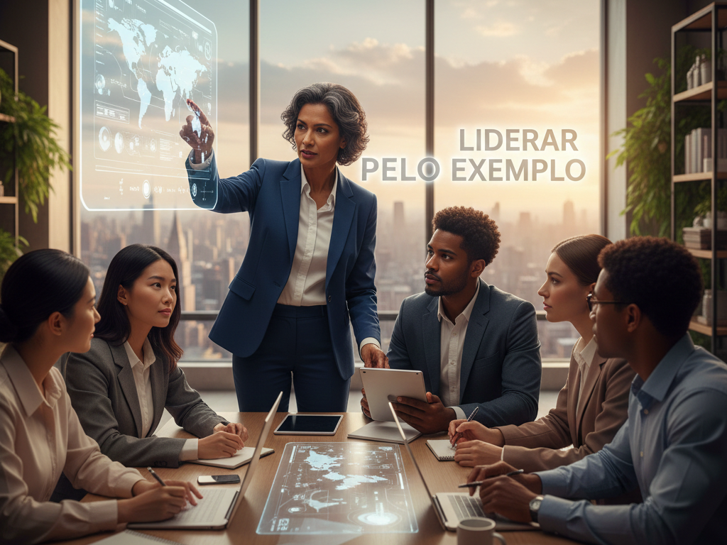 Líder demonstra como liderar pelo exemplo ao orientar sua equipe global em uma sala de reuniões moderna com tecnologia holográfica.