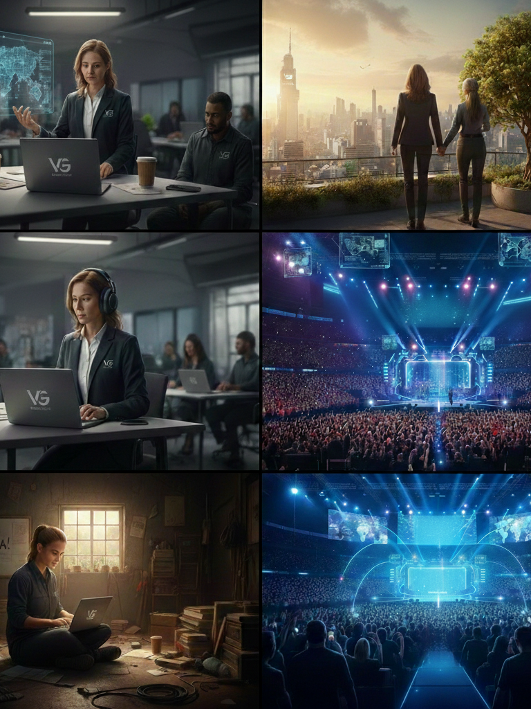 Infográfico de seis quadros mostrando a evolução de um líder visionário, desde a fase inicial de ideias até a construção de um business global com foco e produtividade.