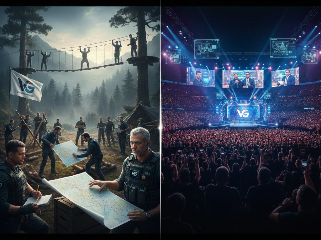 Contraste entre o treinamento intenso em um acampamento e a aplicação da disciplina e liderança em um grande evento para milhares de pessoas.