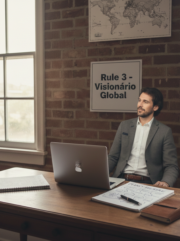 Líder visionário trabalhando com foco e disciplina em seu escritório, demonstrando que a visão não nasce da motivação passageira.