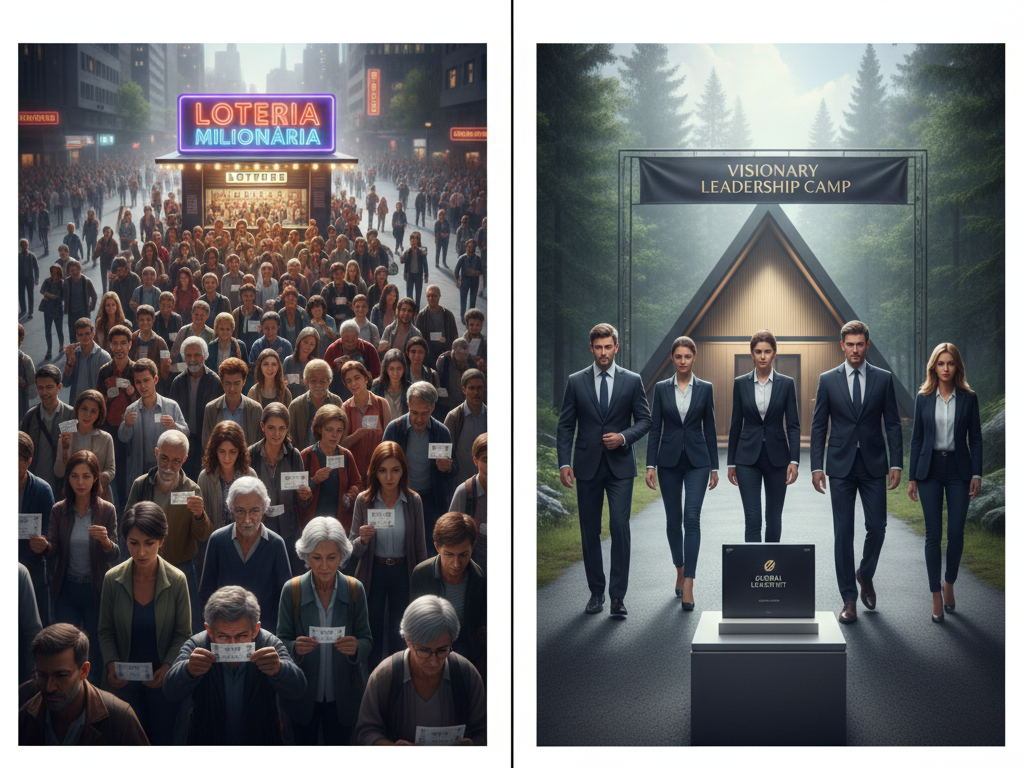 Infográfico comparativo mostrando que a pressa financeira leva multidões à loteria enquanto líderes investem com paciência em valor único.