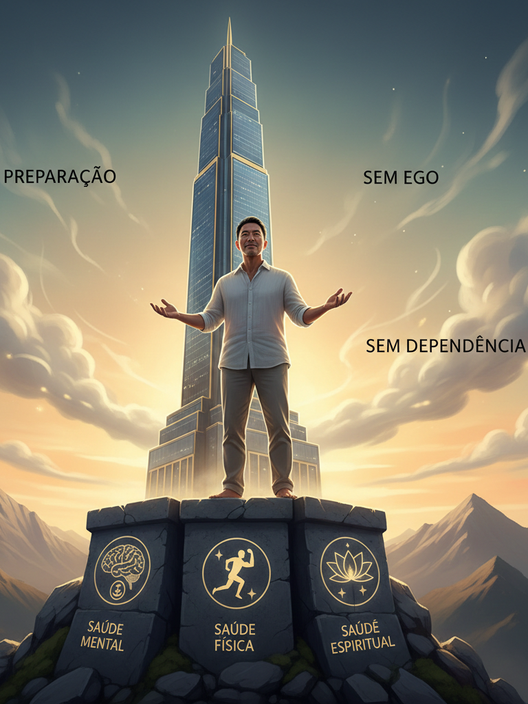 Representação visual de um líder que construiu seu comportamento financeiro e prosperidade sobre os pilares da saúde mental, física e espiritual, demonstrando domínio emocional sobre o capital.