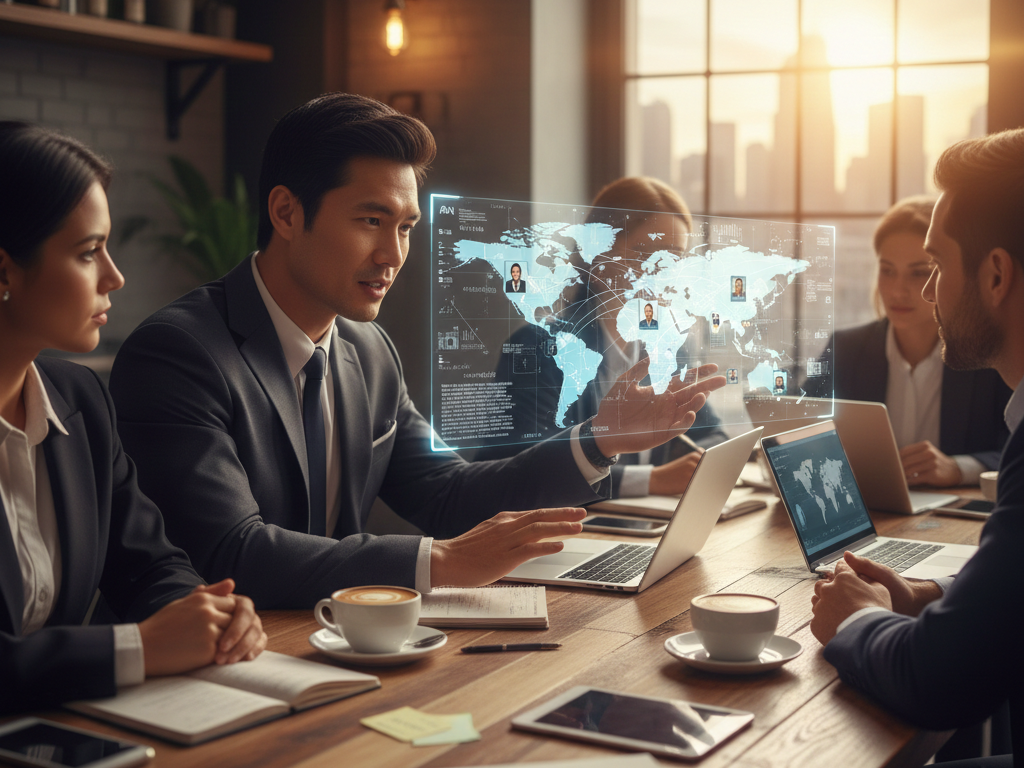 Líder em reunião de negócios internacional aplicando o pensamento estratégico individual para alinhar planos e equipes globais.