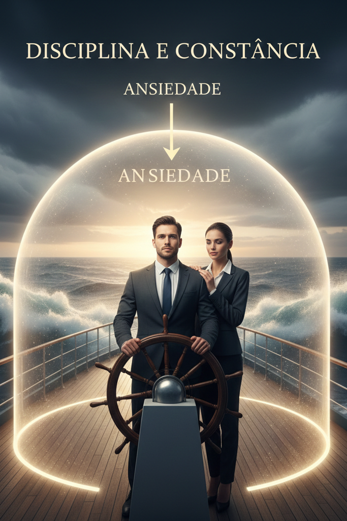 Líderes no comando de um navio protegidos por um escudo de luz contra tempestades e ondas, representando como a disciplina e constância reduzem a ansiedade.