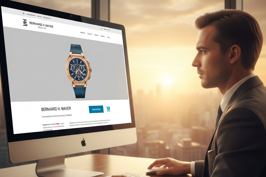 Líder estratégico adquirindo um relógio suíço Bernhard H. Mayer como exemplo de consumo como reflexo de identidade e investimento em ativos.