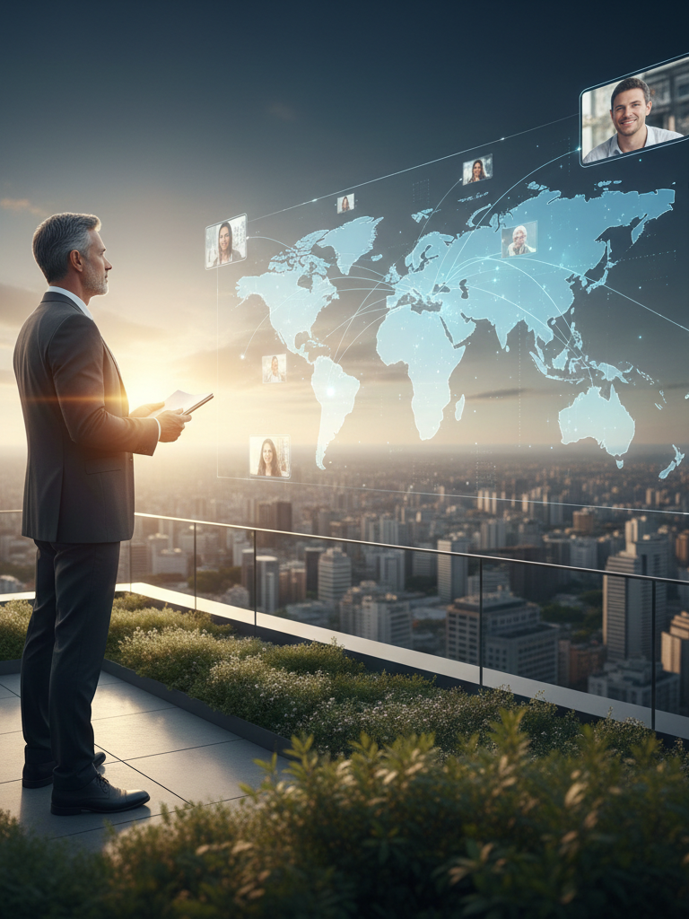 Líder estratégico com visão global conectando equipes internacionais e superando o ego como sabotador para alcançar o sucesso sustentável.