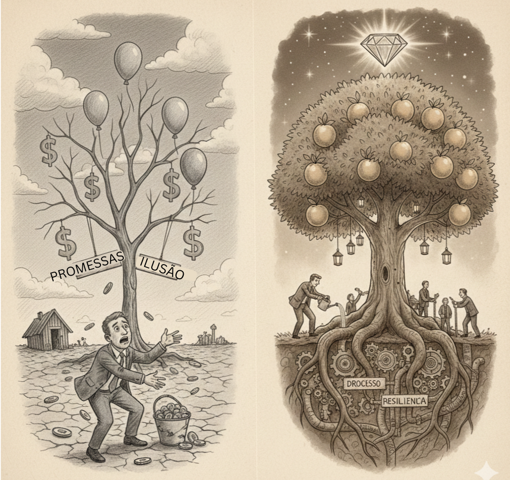 Ilustração conceitual de um negócio como construção mostrando uma árvore com raízes profundas de disciplina e processos, simbolizando a base sólida necessária para uma escala global.