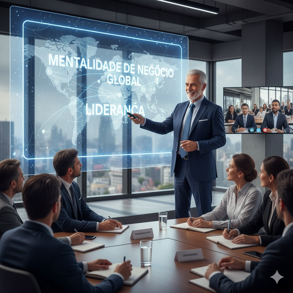 Líder do Visionário Global ensinando sobre Mentalidade de Negócio Global.
