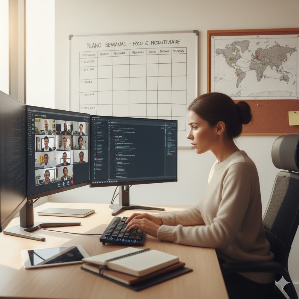 Pessoa em um ambiente limpo e organizado demonstrando como desenvolver foco.