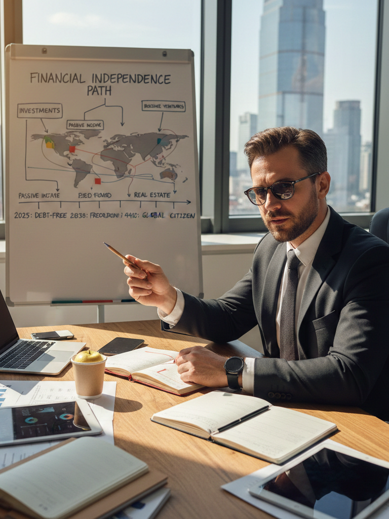 Homem visionário planejando como conquistar liberdade financeira.